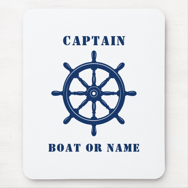 Nautical Ship Wheel Captain & Boat or Name Navy Mouse Pad (Front)