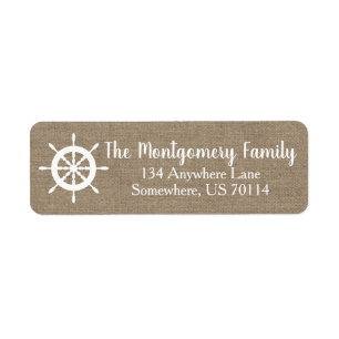 Nautical Ship Wheel & Faux Burlap   Family Name Return Address Label