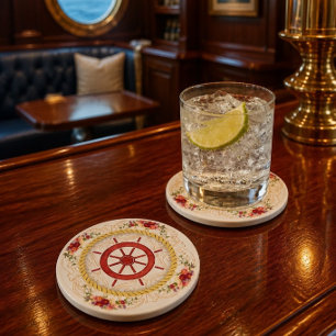 Nautical Ship Wheel & Floral Roseate Coaster