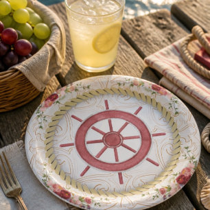 Nautical Ship Wheel & Floral Roseate Paper Plate