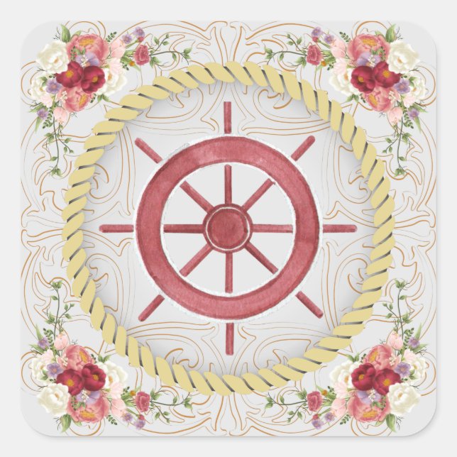Nautical Ship Wheel & Floral Roseate Square Sticker (Front)