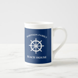 Nautical Ship Wheel Helm Family Beach House Navy Bone China Mug