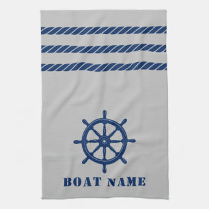 Nautical Ship Wheel Helm Rope Your Boat Name Grey Tea Towel