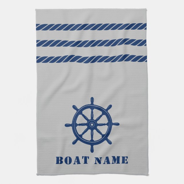 Nautical Ship Wheel Helm Rope Your Boat Name Grey Tea Towel (Vertical)