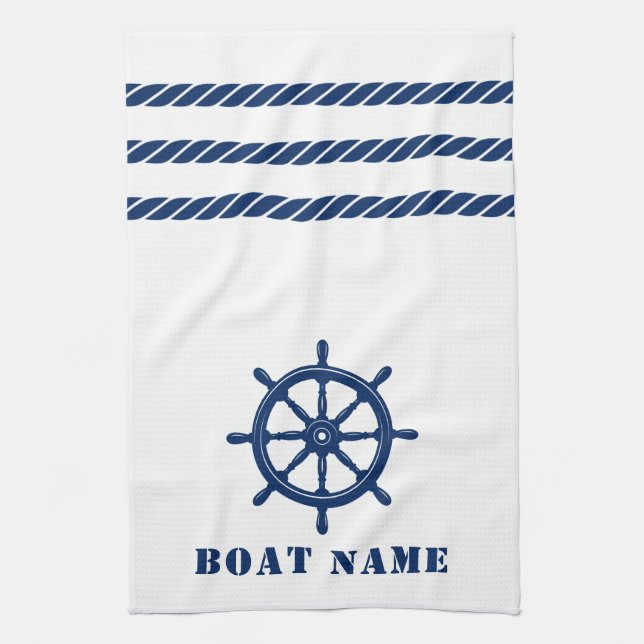 Nautical Ship Wheel Helm Rope Your Boat Name White Tea Towel (Vertical)