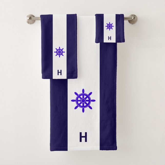 Nautical ship wheel & monogram on blue & white bath towel set (Insitu)