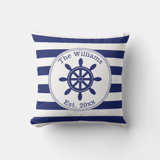 Nautical Ship Wheel Navy Blue Stripes Family Name Cushion (Front)