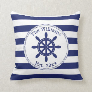 Nautical Ship Wheel Navy Blue Stripes Family Name Cushion