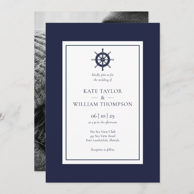 Nautical Ship Wheel Navy Blue Wedding Photo Invitation (Front/Back)