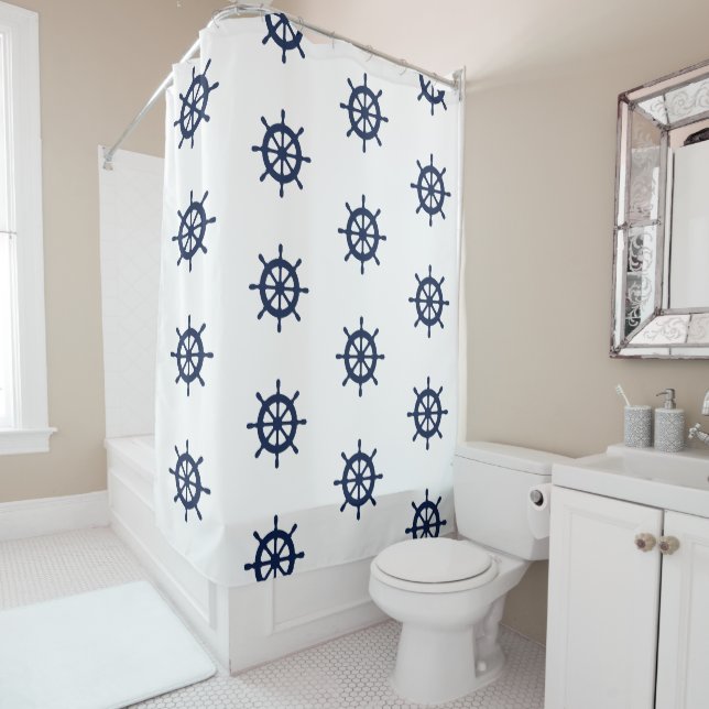 Nautical ship wheel pattern custom shower curtain (In Situ)