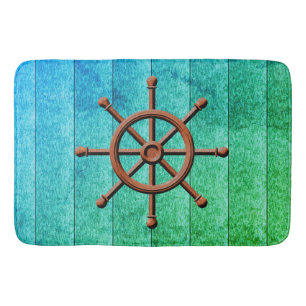 Nautical Ship Wheel Weathered Wood Bath Mat