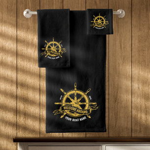 Nautical Ship Wheel Welcome Aboard Black & Gold Bath Towel Set