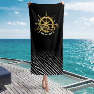 Nautical Ship Wheel Welcome Aboard Black & Gold Beach Towel
