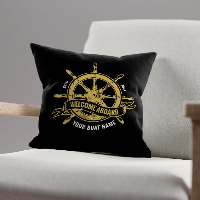 Nautical Ship Wheel Welcome Aboard Black & Gold Cushion (Creator Uploaded)