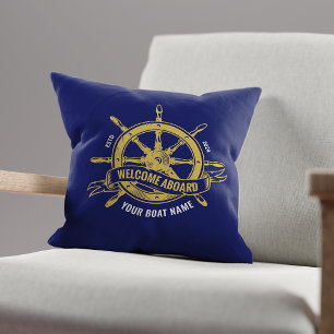 Nautical Ship Wheel Welcome Aboard Navy Blue Gold Cushion