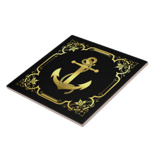 Nautical ship's anchor silhouette/gold/black ceramic tile