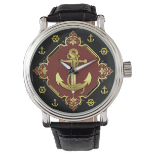 Nautical ship's anchor/wheel /gold/black/red watch