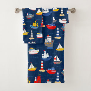 Nautical Ships and Boats Ocean Vehicles Pattern Bath Towel Set
