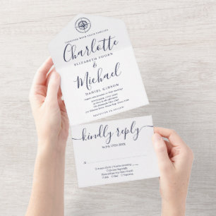 Nautical Ships Compass Navy Blue Script Wedding Al All In One Invitation