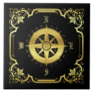 Nautical ship's compass silhouette/gold/black ceramic tile