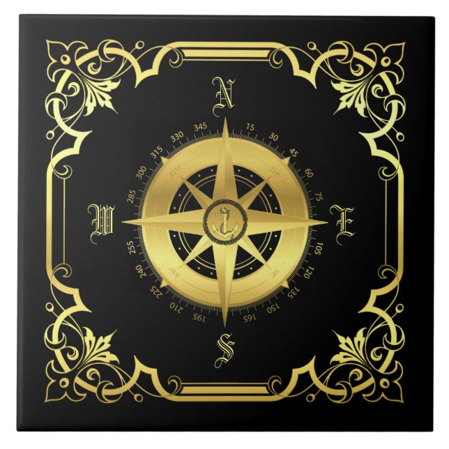 Nautical ship's compass silhouette/gold/black ceramic tile (Front)