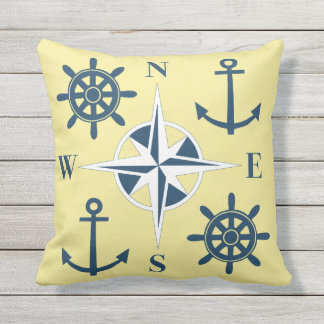 Nautical Ships Helm Compass Anchors Butter Yellow Cushion