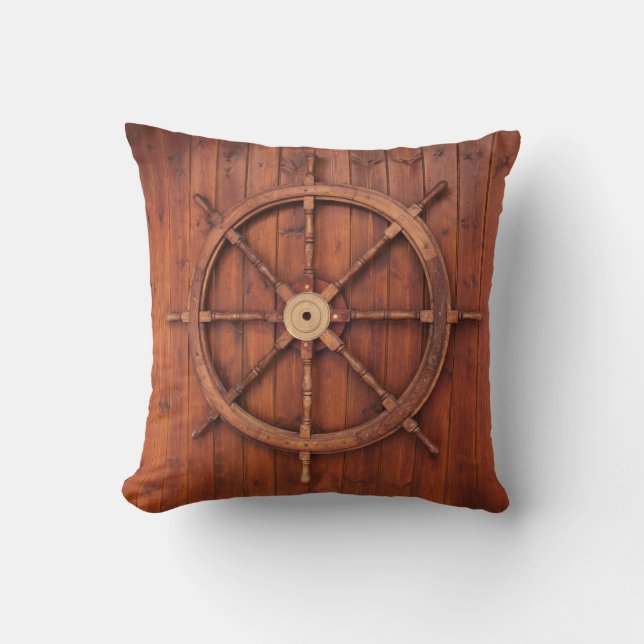 Nautical Ships Helm Wheel on Wood Throw Pillow (Front)
