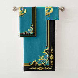 Nautical ship's wheel/anchor aqua-blue/gold  bath  towel set
