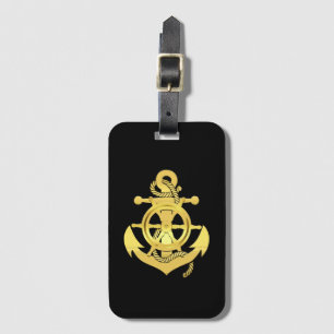 Nautical ship's wheel/anchor black/gold luggage ta tag