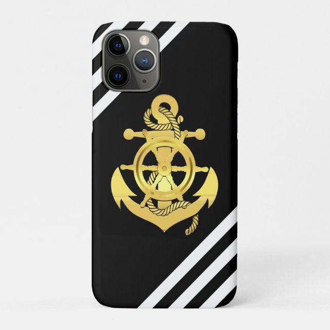 Nautical ship's wheel/anchor black stripe/gold Case-Mate iPhone case (Back)