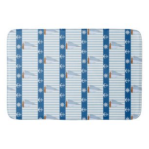 Nautical Ships Wheel Anchor Blue White Stripes Bath Mat