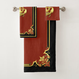 Nautical ship's wheel/anchor brick red/gold bath towel set