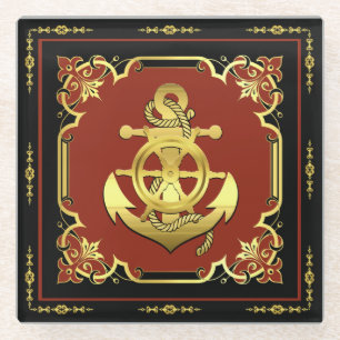 Nautical ship's wheel/anchor brick-red/gold glass coaster