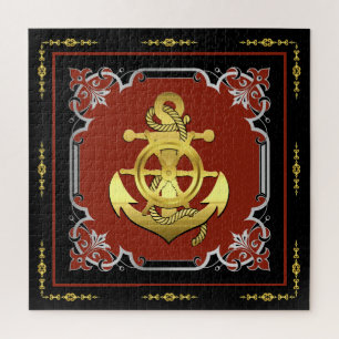 Nautical ship's wheel/anchor brick-red/gold/silver jigsaw puzzle
