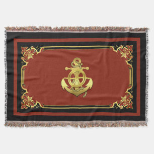 Nautical ship's wheel/anchor brick-red/gold   throw blanket