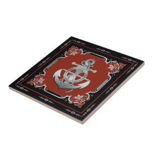 Nautical ship's wheel/anchor brick-red/silver ceramic tile