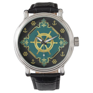 Nautical ship's wheel/anchor /gold/black/aqua watch