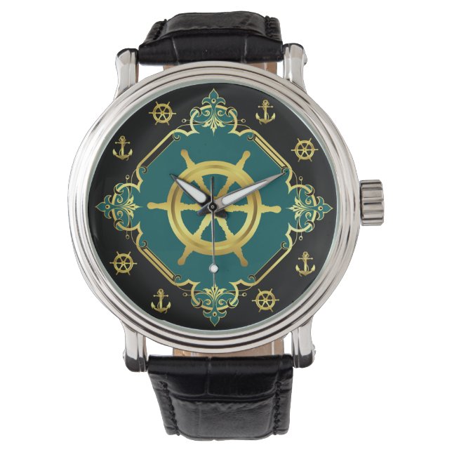 Nautical ship's wheel/anchor /gold/black/aqua watch (Front)
