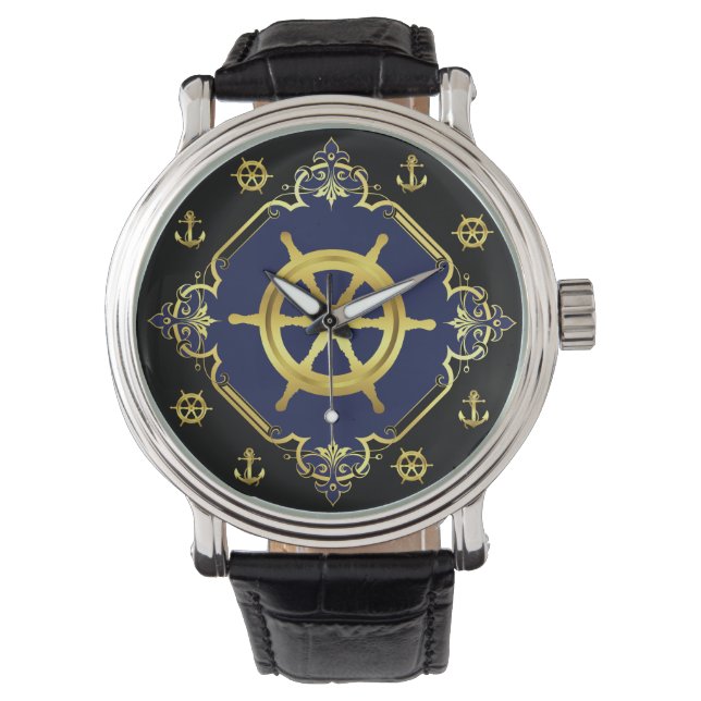 Nautical ship's wheel/anchor /gold/black/navy watch (Front)