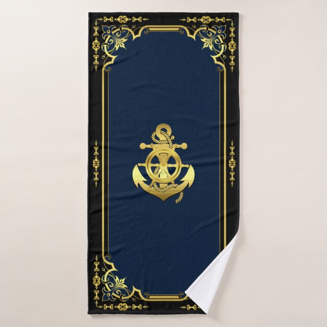 Nautical ship's wheel/anchor navy-blue/gold bath t bath towel (Bath Towel)