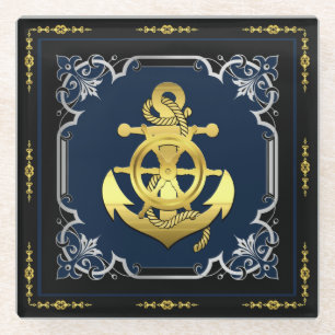 Nautical ship's wheel/anchor navy-blue/gold/silver glass coaster