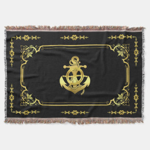 Nautical ship's wheel/anchor navy-blue/gold throw blanket