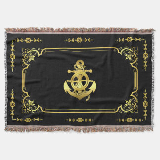 Nautical ship's wheel/anchor navy-blue/gold  throw blanket