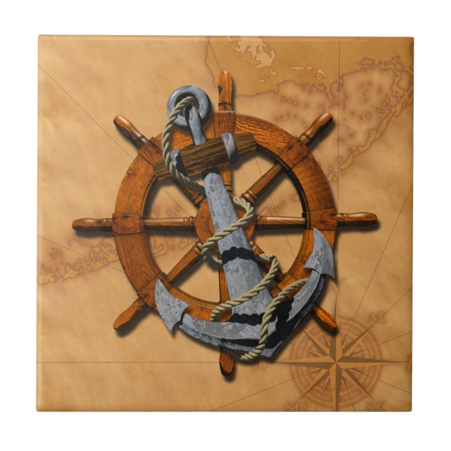 Nautical Ships Wheel And Anchor Ceramic Tile (Front)