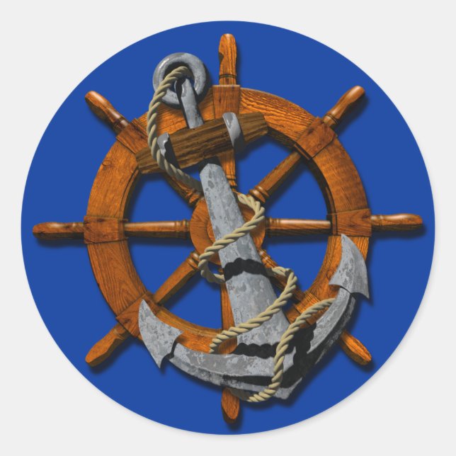 Nautical Ships Wheel And Anchor Classic Round Sticker (Front)