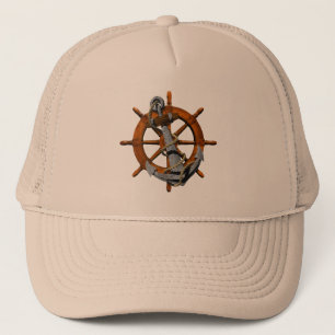 Nautical Ships Wheel And Anchor Trucker Hat