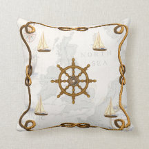 Nautical Ships Wheel and Sailboats Throw Pillow