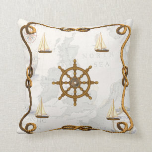 Nautical Ships Wheel and Sailboats Throw Pillow