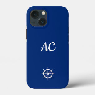 Nautical Ships Wheel Blue+White (Personalise) iPhone 13 Mini Case