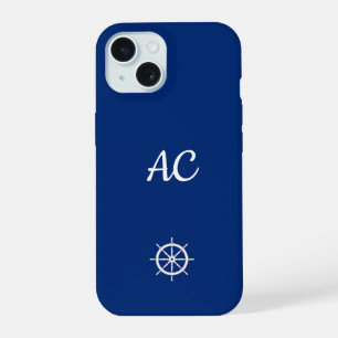 Nautical Ships Wheel Blue+White (Personalise) iPhone 15 Case